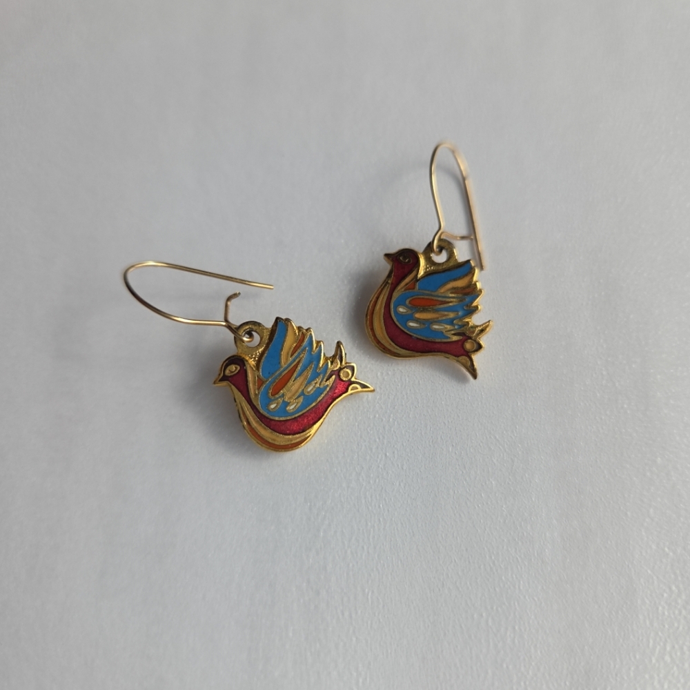 Vintage Aviva Red & Blue enameled bird dangle earrings For pierced ears